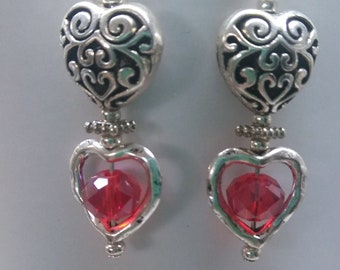 Filigree Heart/Open Heart/Red Faceted Crystal/Silver Tone Findings/Dangle Earrings