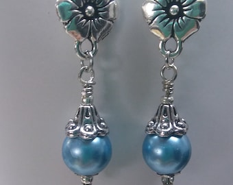 Flower Connector with Powder Blue Glass Pearl and Silver Tone Findings Dangle Earrings