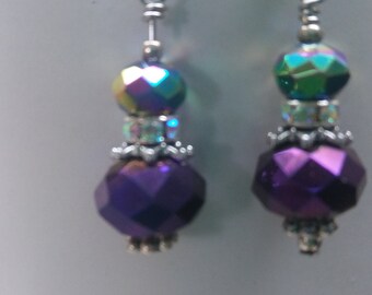 Dark Purple and Lighter Purple Faceted Crystals with Rhinestone Spacer with Silver Tone Findings Dangle Earrings