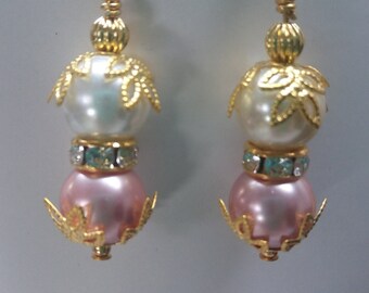 White Pearl and Pink Pearl with Rhinestone Spacer Dangle Earrings with Gold Tone Findings