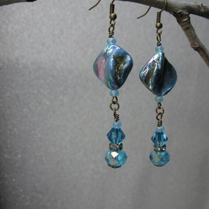 Shell, Dyed Blue with Aurora  Borealis Coating and Crystals Dangle Earrings