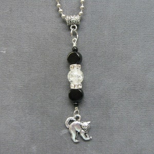 Halloween/Cat Hissing Charm/Ball Chain Necklace 27&quot; Long/Black and Clear Crackle Beads/Fall