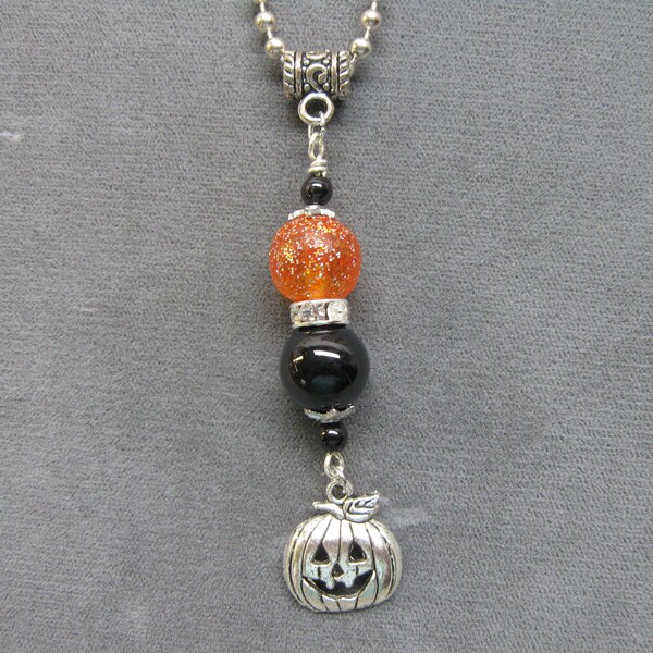 Halloween/Jack-O-Lantern Charm/Ball Chain Necklace 27" Long/Orange and Black Beads/Fall