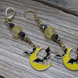 Halloween/Yellow Moon with Bats Charm/Dangle Earrings/Handcrafted/Quality Materials