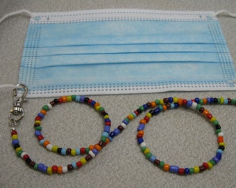 Face Mask Lanyard/Necklace/Holder/Chain in Rainbow Opalescent Seed Bead Mix