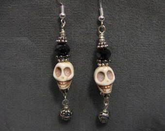 Day of the Dead/Dia de los Muertos Bone Sugar Skull Dangle Earrings with Black and Silver Beads