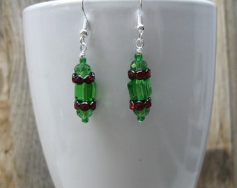 Green Crystal Dangle Earrings with Red Rhinestone Accents