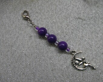 Fairy in Moon Charm/Zipper Pull /Purse Charm/Handcrafted/Quality Materials/Purple Beads