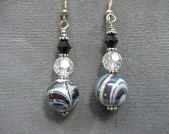 Dangle Earrings with Unique Black and White Swirled Glass Bead, Clear AB Crystal and Black Crystal