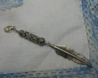 Feather Dangle with Silver Tone Metal Beads and Rhinestone Spacer Beads Zipper Pull or Purse Charm