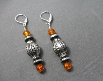 Halloween/Fall/Silver Tone Tibet Bead/Orange Bead/Black Bead/Dangle Earring