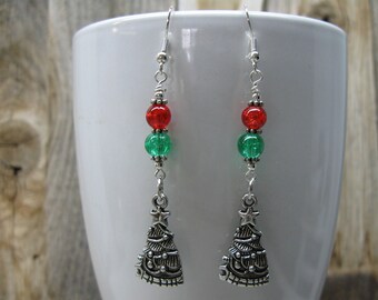 Christmas Dangle Earrings with Red and Green Beads and Silver Tone Christmas Tree Charm