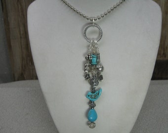 31" Long Southwestern Design Assemblage Necklace Featuring Turquoise Bird, Turquoise and Silver Beads