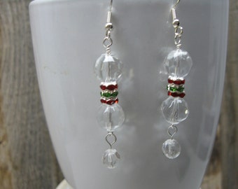 Christmas Dangle Earrings with Clear Crystals and Red and Green Rhinestones