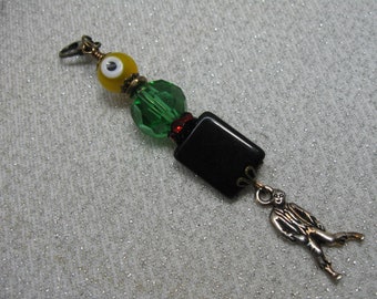 Halloween/Zombie Charm Dangle/Zipper Pull/Purse Charm/Evil Eye Bead/Faceted Green Crystal/Black Bead/Quality Materials/Handcrafted