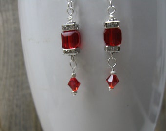 Red Crystal Cube Bead Dangle Earrings with Swarovski Crystal