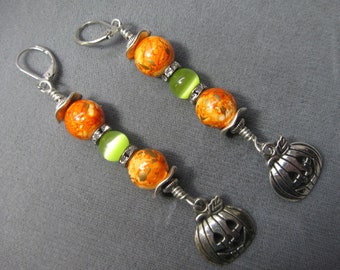 Halloween/Metal Charm Pumpkin/Orange Beads/Green Cat eye Bead/Dangle Earring