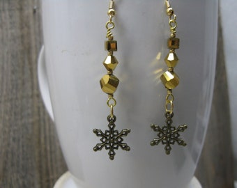 Snowflake Dangle Earrings with Gold Reflective Beads