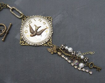 28"  Chain Steampunk Style Assemblage Necklace Featuring Vintage Pocket Watch Face and Dangles