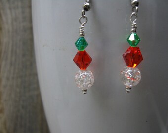 Christmas Dangle Earrings with Red, Clear and Green Beads