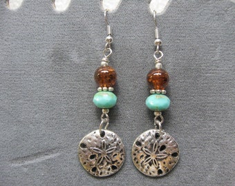 Sand Dollar with Turquoise Bead and Brown Crackle Bead Dangle Earrings