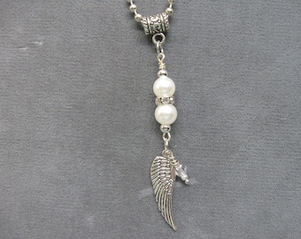 Angel Wing with Small Clear Crystal and Pearls Dangle Necklace with 27" Long Chain