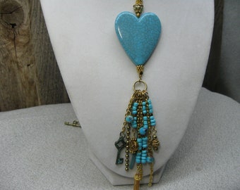 Turquoise heart/36" Long Assemblage Necklace/Dangles/Turquoise and Gold Beads/Gold tone chain/Tassel