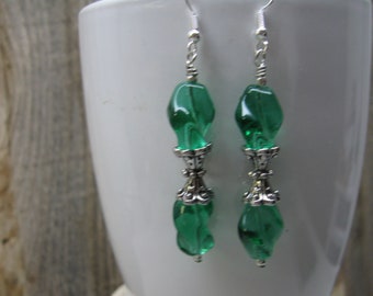 Christmas Dangle Earrings with Green Twisted Beads