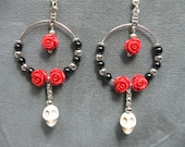Day of the Dead Dia de los Muertos Bone Sugar Skull Loop Dangle Earrings with Red Flowers, Black and Silver Beads