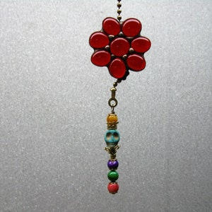 Ceiling Fan Pull for Day of the Dead/Dia de los Muertos with Red Glass Nugget Flower image 1