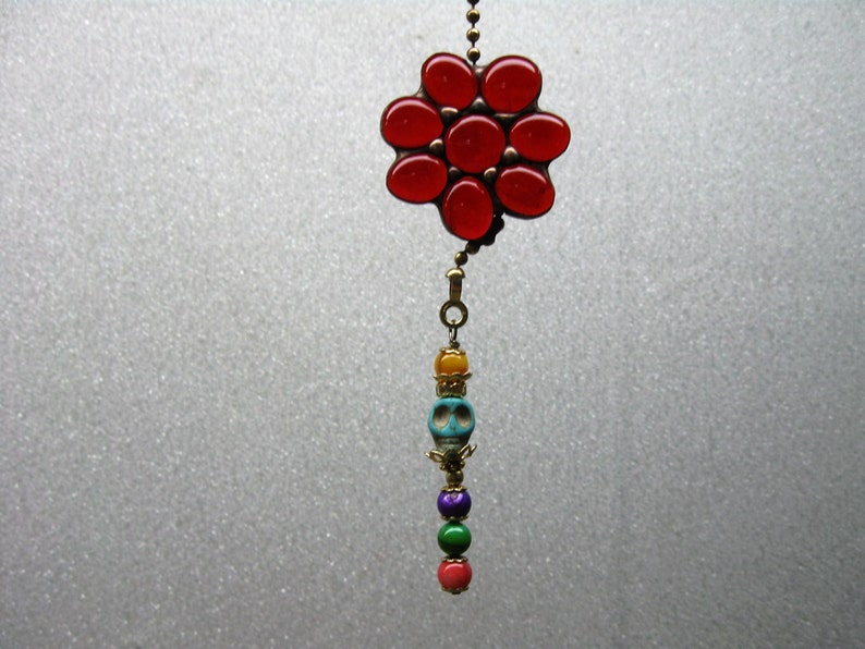 Ceiling Fan Pull for Day of the Dead/Dia de los Muertos with Red Glass Nugget Flower image 1