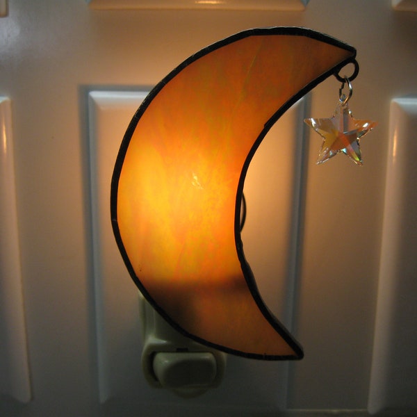 Moon with Swarovski Crystal Star Stained Glass Night Light