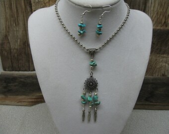 30" Long Southwestern Design Assemblage Necklace Featuring Turquoise and Metal Feathers