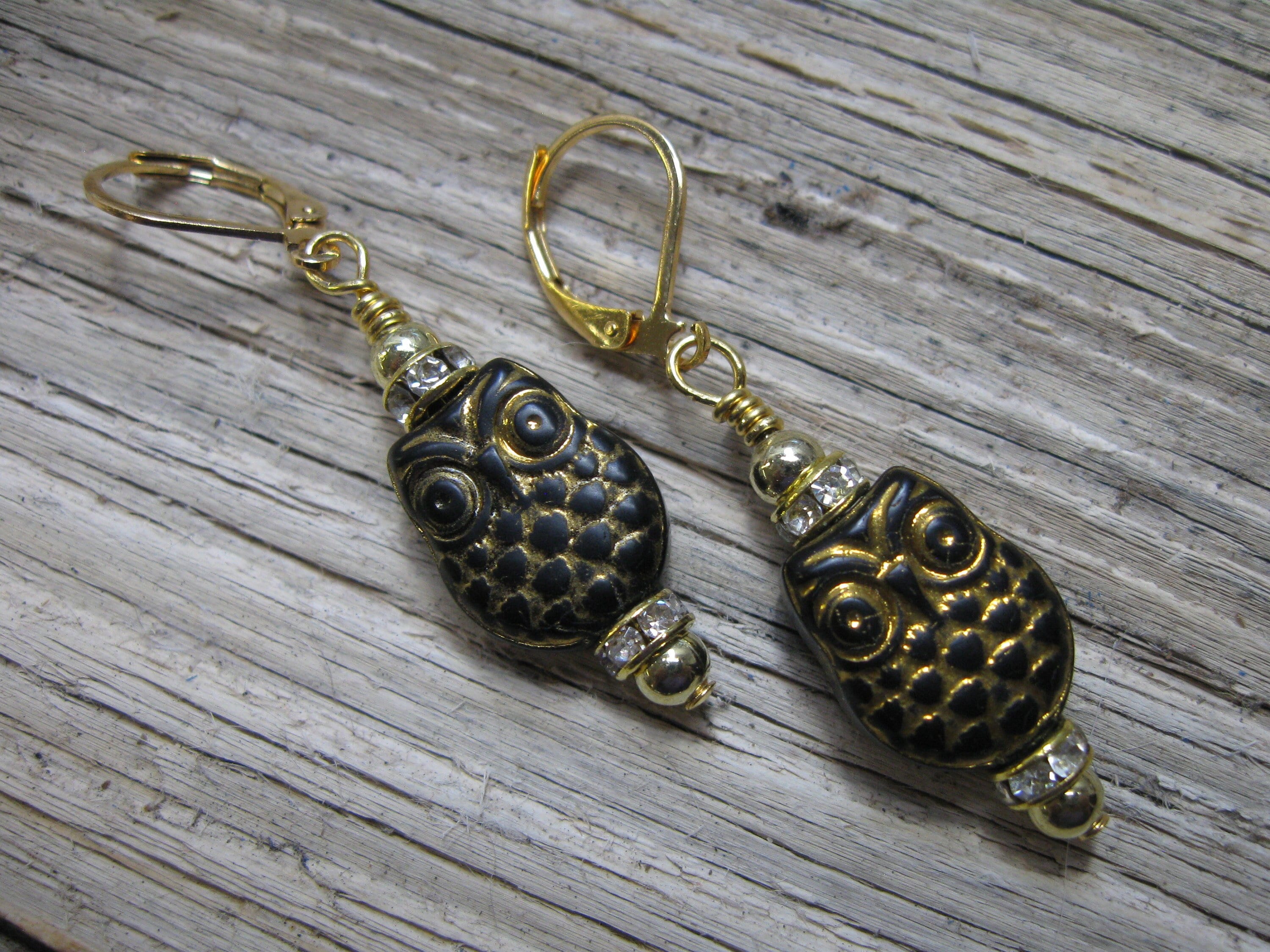 Owl/Dangle Earrings/Black Resin/Gold Tone Highlights/Handcrafted/Quality Materials