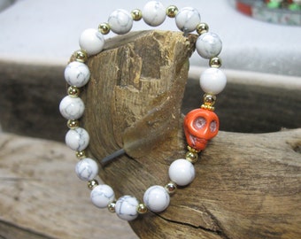 Day of the Dead Themed Stretch Bracelet Featuring Orange Howlite Skull with White Howlite Beads