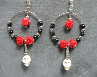 Day of the Dead/Dia de los Muertos Bone Sugar Skull Loop/Dangle Earrings with Red Flowers, Black and Silver Beads