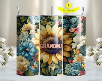 Grandma 20 oz Skinny Tumbler sublimation design, Flowers butterfly Watercolour floral Instant digital PNG Straight tumbler wrap download