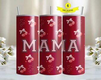 Cherries Pink Bow Mama Tumbler Wrap PNG, Sublimation Digital Download, 20 oz Skinny Tumbler Cherry Design, Instant Digital Download