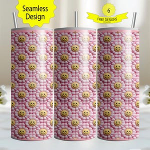 Smiley rose marguerites gonflé sublimation 3D gonflé 20 oz skinny gobelet Wrap PNG - téléchargement immédiat sublimation imprimable - fichier numérique