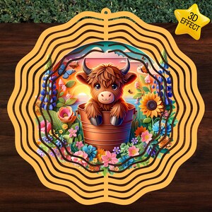 Toupie à vent mignonne vache Highland effet 3D sublimation téléchargement numérique instantané PNG, création de PNG pour amateur de jardin de chalet de campagne