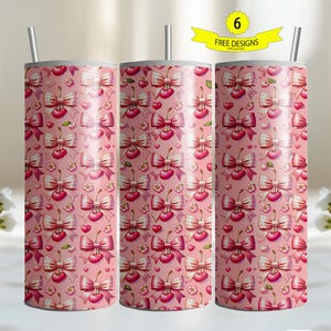 Coquette Cherries Tumbler Wrap PNG, Sublimation Digital Download, 20 oz Skinny Tumbler Cherry Design, Instant Digital , Soft Girl Aesthetic
