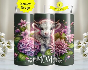 Mom Floral Highland Cow Png, Cowhide Png, Cute Love Mother Cow Sublimation Design, Cow Momma Birthday Png, Mother&#39;s Day Png