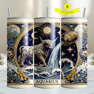 Gobelet maigre 20 oz vache Highland, modèles de conception pour sublimation, téléchargement numérique PNG, Design signe astrologique Verseau