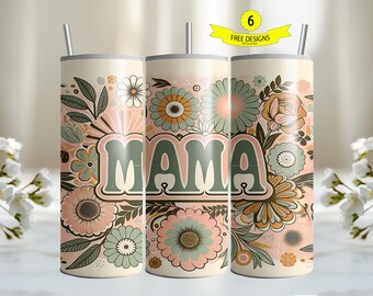 Retro Mama 20oz Skinny Tumbler Wrap, Sublimation Design, Digital Download PNG, Mothers Day Pink Floral Mom Tumbler Wrap PNG