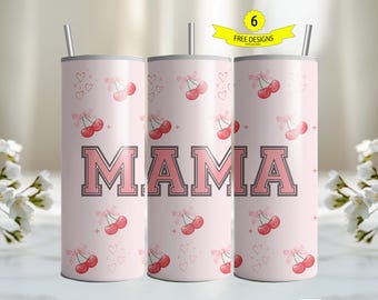 Cherries Pink Bow Mama Tumbler Wrap PNG, Sublimation Digital Download, 20 oz Skinny Tumbler Cherry Design, Instant Digital Download