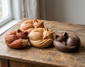 Könnte beinhalten: Drei handgeschnitzte Holzfiguren von Füchsen in zusammengerollter Schlafposition. Der linke Fuchs hat eine texturierte rotbraune Oberfläche, der mittlere Fuchs ist aus glattem hellem Holz und der rechte Fuchs aus dunkelbraunem Holz.