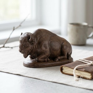 Può includere: Un intaglio in legno marrone scuro raffigurante un bisonte in posizione di riposo. La scultura presenta texture dettagliate che riproducono il pelo, le corna e la muscolatura dell'animale, poggiata su una base ovale in legno con venature visibili.