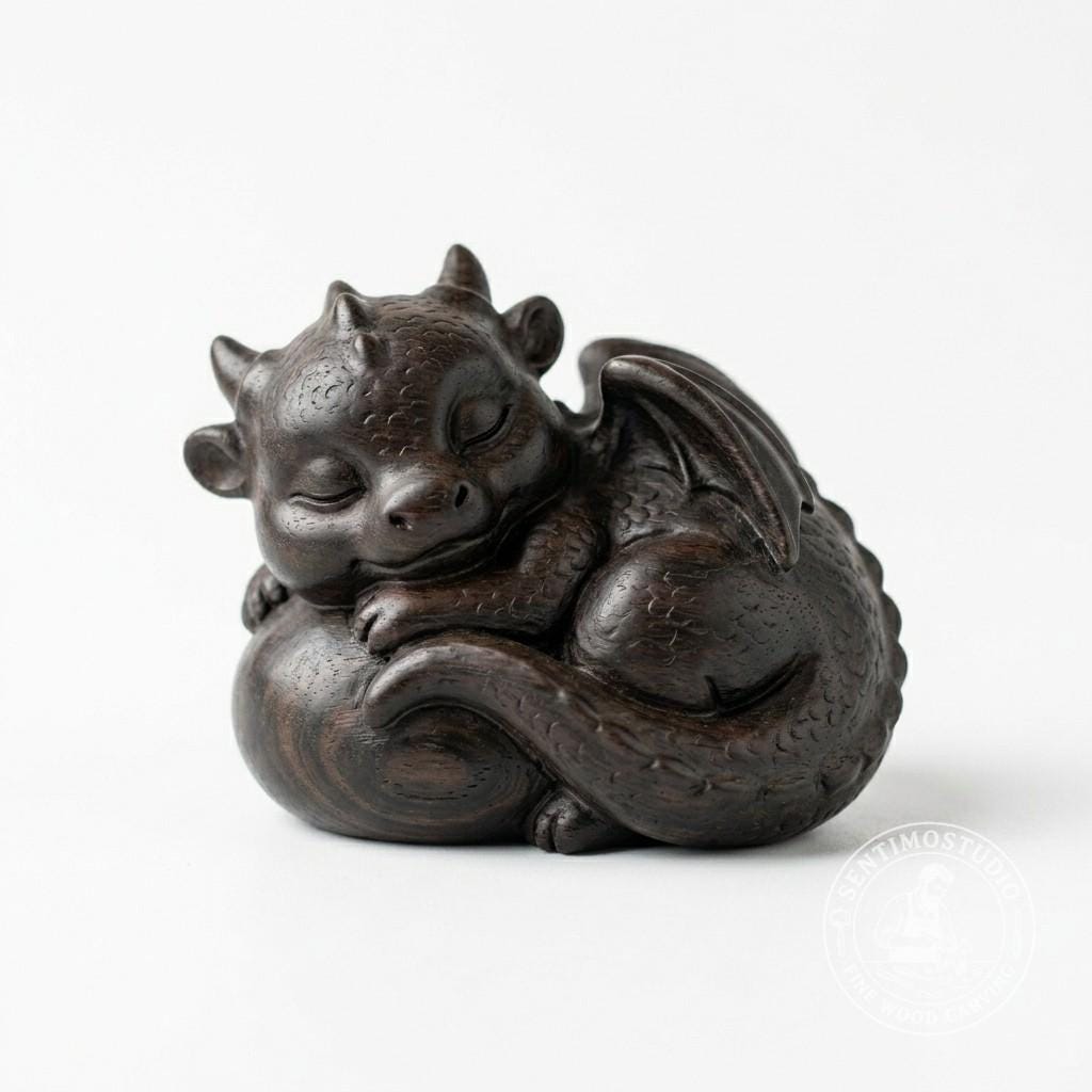 Hand Carved Sleeping Dragon Sculpture Fantasy Wood Figurine Desk Companion