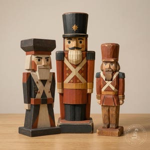 May include: Three hand-carved wooden figurines standing on rectangular bases. The left figure wears a dark coat and flat hat. The centre figure is a tall nutcracker in a red uniform with a black hat. The right figure is a smaller soldier in brown.