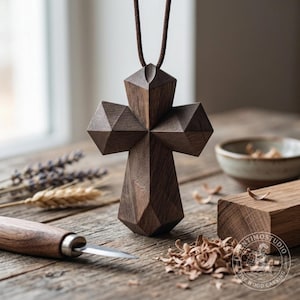 Peut inclure: Un pendentif croix en bois brun foncé au design géométrique à facettes, suspendu à un cordon brun fin. La croix présente des bords angulaires nets et une texture de grain de bois visible, affichant une finition polie sur l'ensemble.